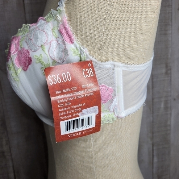 Vogue Floral Lacy Bra. Vintage. 38C White, Pink & Green. - Picture 6 of 9
